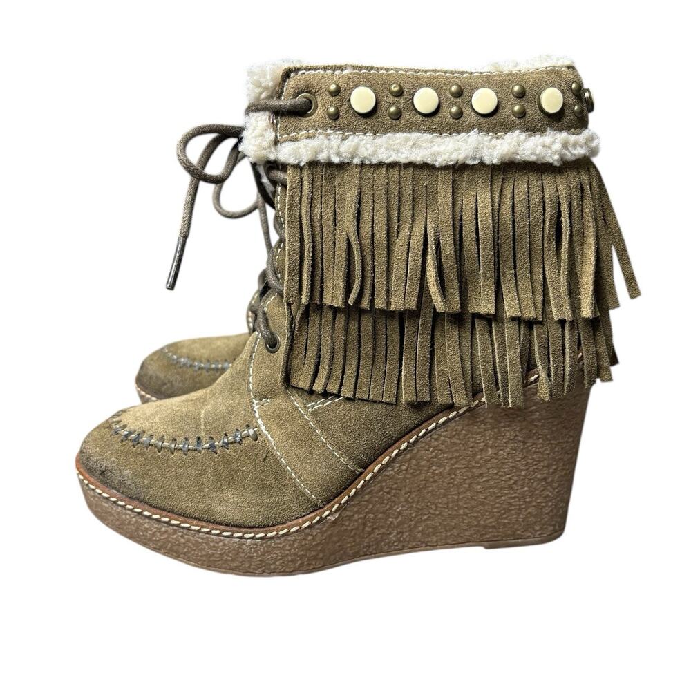 Sam Edelman Kemper Bootie Platform Wedge Suede Leather Fringe Moss Green SZ 8